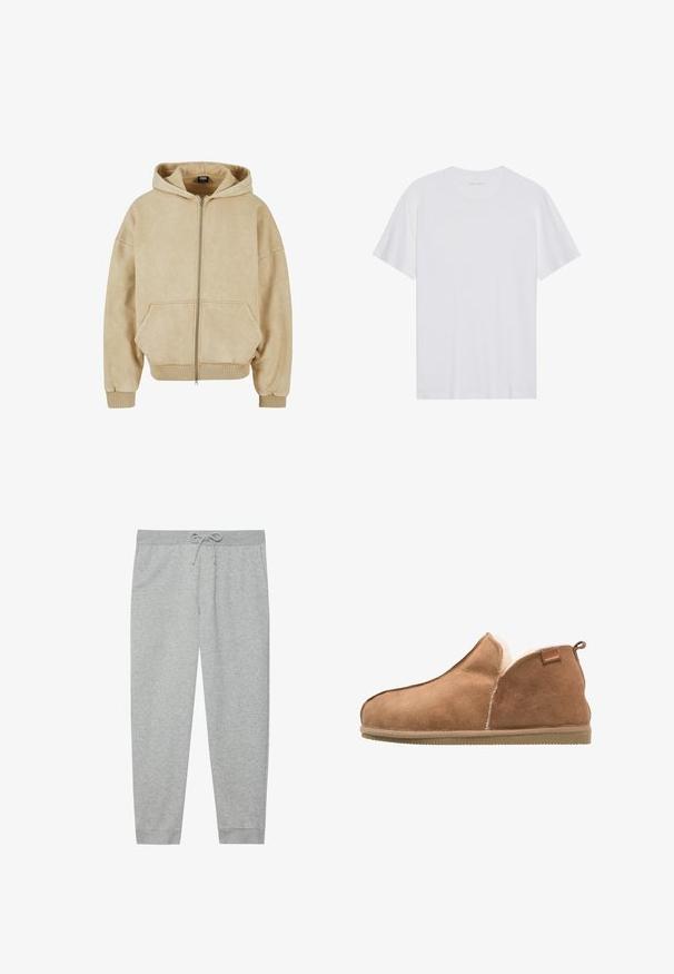 Beige zip-up hoodie lavet af blødt stof, med en stor hætte, to frontlommer og ribbede manchetter og kant. Glat tekstur og afslappet pasform.; Hvid bomulds T-shirt med korte ærmer, rund hals og en glat tekstur. Har minimal branding på halsudskæringen.; Grå sweatpants lavet af blødt bomuldsblanding, med en elastisk talje og snor, side-lommer og tapered manchetter.; Suedestøvle i tan med en blød fleeceforing. Lavskåret design med en flad gummisål og et mærket lædermærke på siden.