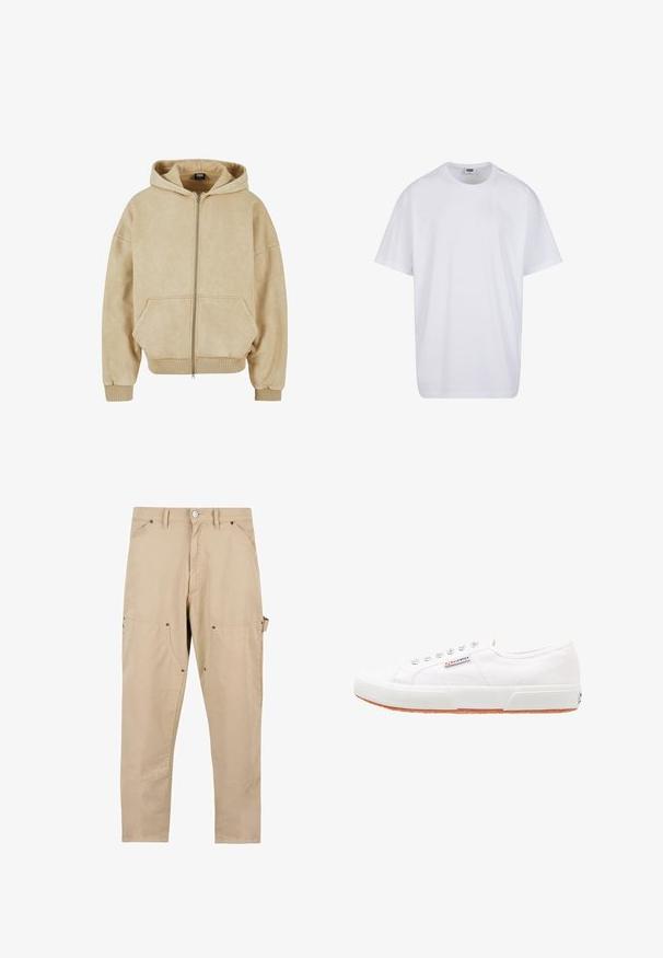 Veste à capuche zippée beige en tissu doux, avec une grande capuche, deux poches avant et des poignets et un ourlet côtelés. Texture lisse et coupe décontractée.; T-shirt blanc uni en coton à manches courtes avec col rond et étiquette de taille et de marque visible à l'intérieur du col.; Pantalon cargo beige en coton. Comprend plusieurs poches, une coupe droite et un système de fermeture à boutons avec des détails en métal.; Baskets en toile blanches avec une semelle en caoutchouc, design à lacets et une petite étiquette logo sur le côté. Tige blanche texturée et semelle extérieure marron.