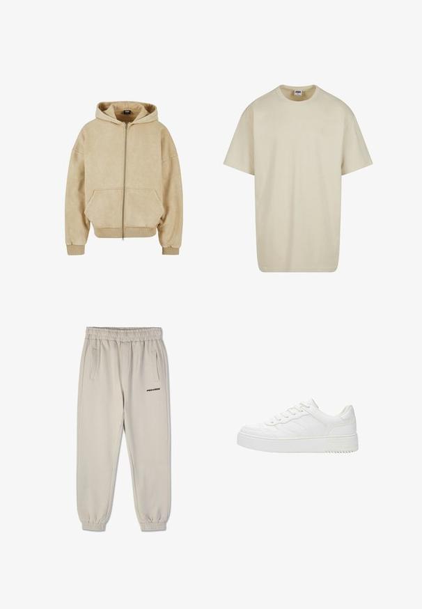 Beige zip-up huppi, joka on valmistettu pehmeästä kankaasta, ja jossa on suuri huppu, kaksi etutaskua sekä ribbausta hihoissa ja helmassa. Sileä rakenne ja rento istuvuus.; Vaaleanbeige puuvillainen T-paita, jossa on lyhyet hihat, pyöreä pääntie ja rento istuvuus. Kangas näyttää sileältä ilman näkyviä kuvioita tai yksityiskohtia.; Beige-housut, joissa on joustava vyötärö ja hihnat, jotka sisältävät kaksi sivutaskua ja musta "PEGADOR" -logo vasemmassa reidessä.; Valkoinen matalavartinen lenkkarit paksulla pohjalla, nauhakiinnitys ja hillityt ompelupaneeliyksityiskohdat.