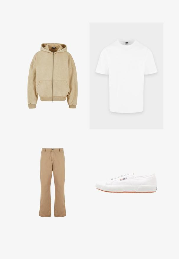 Beige zip-up hoodie lavet af blødt stof, med en stor hætte, to frontlommer og ribbede manchetter og kant. Glat tekstur og afslappet pasform.; Enkelt hvid kortærmet T-shirt med rund hals i bomuld vist på en lys grå baggrund.; Beige bomuldsbukser med lige pasform, der har knaplukning, forlommer og en glat tekstur.; Hvide kanvas sneakers med gummisål, snørebåndsdesign og et lille logo mærke på siden. Tekstureret hvid overdel og brun ydersål.