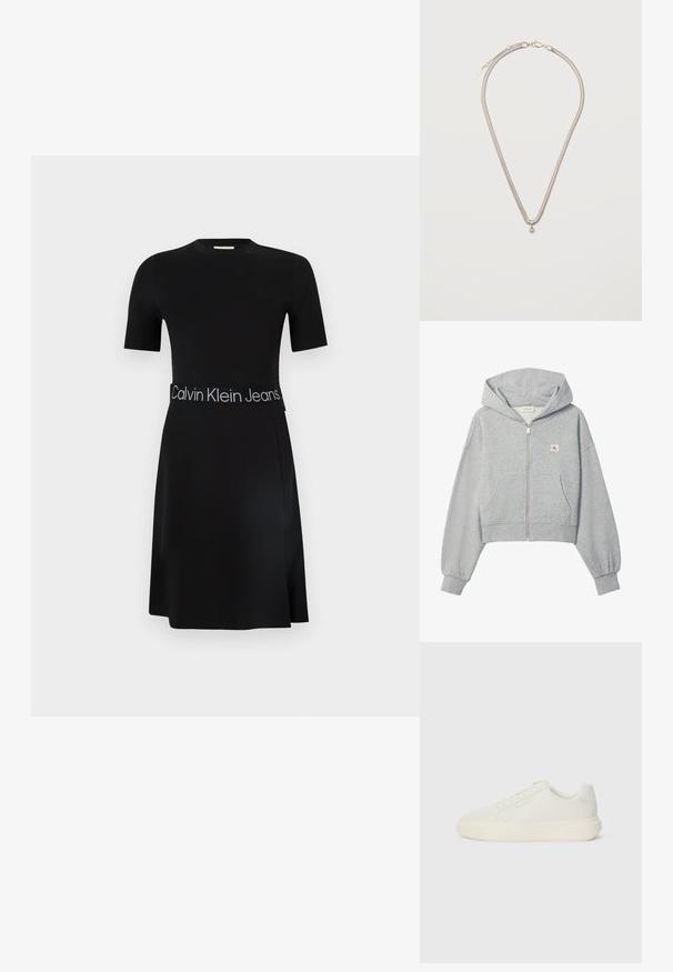 Sudadera corta gris claro con cremallera, bolsillos delanteros, puños elásticos y pequeño logo de Calvin Klein en el pecho izquierdo.; Vestido negro de manga corta con cuello redondo, cintura ajustada que incluye un cinturón con el logo de "Calvin Klein Jeans" y falda en línea A hasta la rodilla.; Zapatilla baja blanca con suela gruesa, cierre de cordones, sutil logo de Calvin Klein en el lateral y panel de talón acolchado.; Collar de cadena delgada de plata con un pequeño colgante redondo de plata, asegurado con un cierre de langosta sobre un fondo blanco liso.