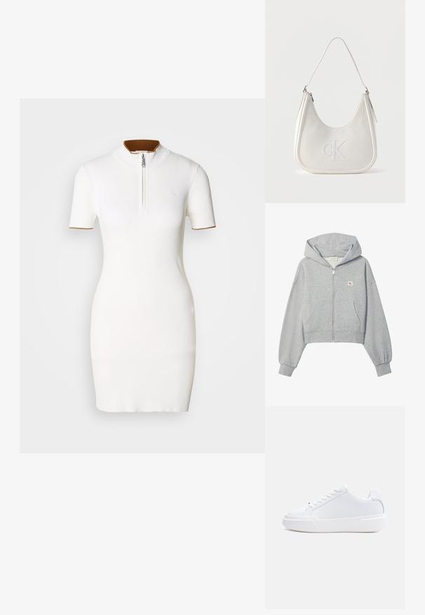 Hellgrauer, kurz geschnittener Hoodie mit Reißverschluss, Vordertaschen, elastischen Bündchen und kleinem Calvin Klein Logo auf der linken Brust.; Weißes geripptes Kleid mit kurzen Ärmeln, einem hohen Kragen und einem Frontreißverschluss. Akzentuiert mit einem braunen gerippten Ausschnitt.; Weißer Sneaker mit niedrigem Schaft, Schnürverschluss, dicker Sohle und glattem Obermaterial, von der Außenseite vor einem einfarbigen hellen Hintergrund gezeigt.; Weiße Leder-Umhängetasche mit Reißverschluss, geschwungener Form und erhabenem, auf der Vorderseite geprägtem CK-Logo.