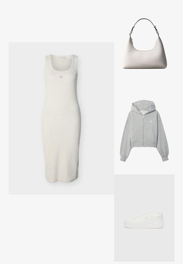 Lichtgrijze cropped hoodie met rits, voorzakken, elastische boorden en een klein Calvin Klein-logo op de linkerborst.; Lichtgrijze, mouwloze strakke jurk gemaakt van zacht katoen. Heeft een ronde halslijn en een klein logo in het midden. Lengte tot halverwege de kuit.; Witte platform sneakers met een gladleren bovenkant, ronde neus, witte veters en subtiele logodetail aan de zijkant. Platte rubberen zool.; Romige Calvin Klein leren schoudertas met gebogen bovenrand, zilveren rits en donkerbruine verstelbare riem.
