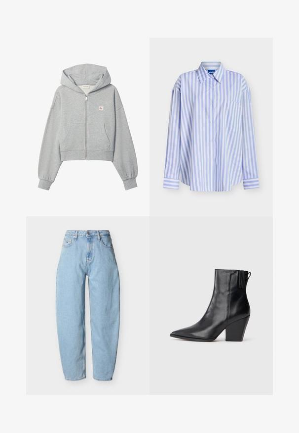 Sudadera corta gris claro con cremallera, bolsillos delanteros, puños elásticos y pequeño logo de Calvin Klein en el pecho izquierdo.; Camisa de manga larga con botones con rayas verticales en azul claro y blanco, cuello puntiagudo y bolsillo en el pecho con sutil bordado blanco.; Vaqueros de pierna recta de tiro alto en azul claro, con cierre frontal de botón y cremallera, con trabillas para cinturón y cinco bolsillos que incluyen un pequeño bolsillo para monedas.; Botas de tobillo de cuero negro con punta afilada, parte superior texturizada y tacón alto y grueso. Presentan un panel elástico lateral para facilitar su uso.