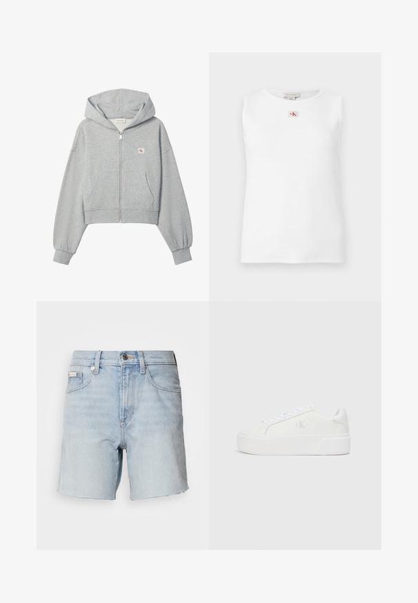 Sudadera corta gris claro con cremallera, bolsillos delanteros, puños elásticos y pequeño logo de Calvin Klein en el pecho izquierdo.; Camiseta sin mangas blanca de canalé con pequeño logo de Calvin Klein en rojo y negro centrado debajo del cuello.; Pantalones cortos de mezclilla azul claro con dobladillos deshilachados, cierre frontal con botón y cremallera, trabillas para cinturón y bolsillos delanteros.; Zapatillas de plataforma blancas con parte superior de cuero suave, punta redondeada, cordones blancos y un sutil detalle de logotipo en el lateral. Suela de goma plana.