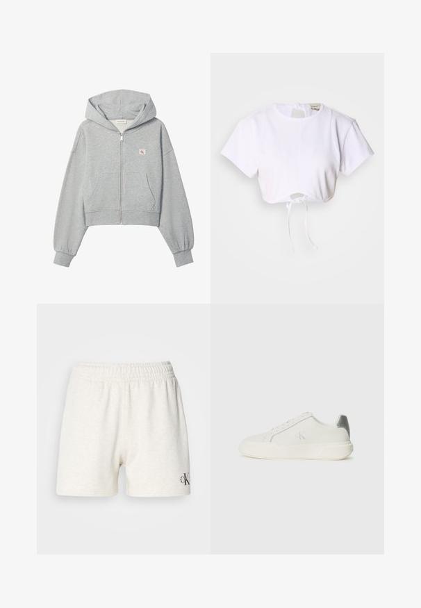 Lichtgrijze cropped hoodie met rits, voorzakken, elastische boorden en een klein Calvin Klein-logo op de linkerborst.; Witte cropped t-shirt gemaakt van gladde stof. Heeft een ronde halslijn, korte mouwen en een trekkoord onderaan voor aanpassing.; Lichtgrijze katoenen shorts met een elastische tailleband, met een zachte textuur en een klein zwart logo-accent aan de onderzijde rechts.; Witte sneaker van leer met een gladde textuur, featuring een zilveren accent op de hiel, een platte zool en een minimalistisch ontwerp.