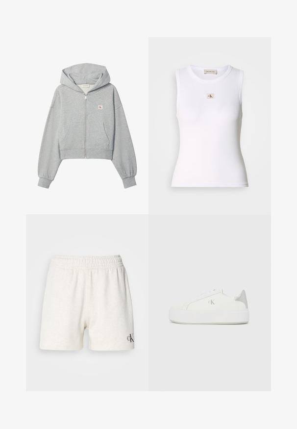 Sudadera corta gris claro con cremallera, bolsillos delanteros, puños elásticos y pequeño logo de Calvin Klein en el pecho izquierdo.; Camiseta sin mangas blanca con canalé y etiqueta de Calvin Klein Jeans en el pecho y etiqueta interior en el cuello.; Shorts de algodón gris claro con cintura elástica, que presentan una textura suave y un pequeño logotipo negro en la parte inferior derecha.; Zapatillas de lona blancas con una suela blanca gruesa, presentan un acento metálico plateado en el talón y un sutil detalle del logo en el lateral.
