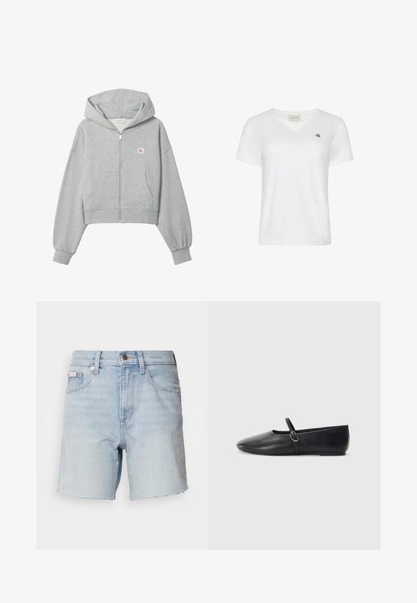 Lichtgrijze cropped hoodie met rits, voorzakken, elastische boorden en een klein Calvin Klein-logo op de linkerborst.; Wit katoenen t-shirt met een v-hals, korte mouwen en een klein donker logo aan de linkerkant van de borst. Zachte textuur.; Lichtblauwe denim shorts met rafelige zoom, knoop- en ritssluiting aan de voorkant, lusjes voor een riem en voorzakken.; Zwarte leren balletschoenen met een spitse neus, platte zool en een kleine strap met een zilveren gespsluiting.