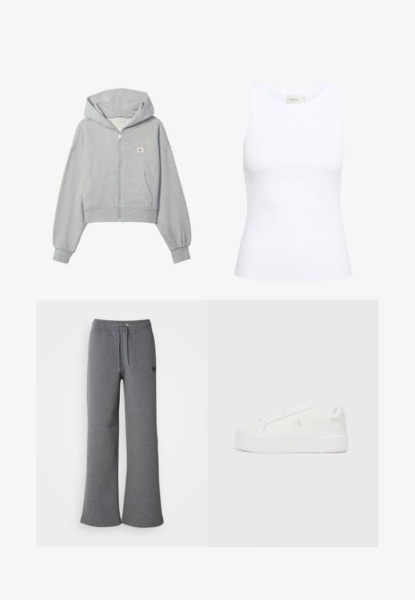 Lysegrå cropped hættetrøje med lynlås, forlommer, elastiske manchetter og lille Calvin Klein-logo på venstre bryst.; Hvid ribbet tanktop med rund halsudskæring og uden ærmer. Strækbart stof og tætsiddende design. Etiketten bagpå viser "GESTUZ."; Grå sweatpants lavet af blødt stof, med bindebånd i taljen, brede ben og subtil logo-detalje på siden.; Hvide platform sneakers med en glat læderoverdel, rund tå, hvide snørebånd og diskret logo-detalje på siden. Flad gummisål.