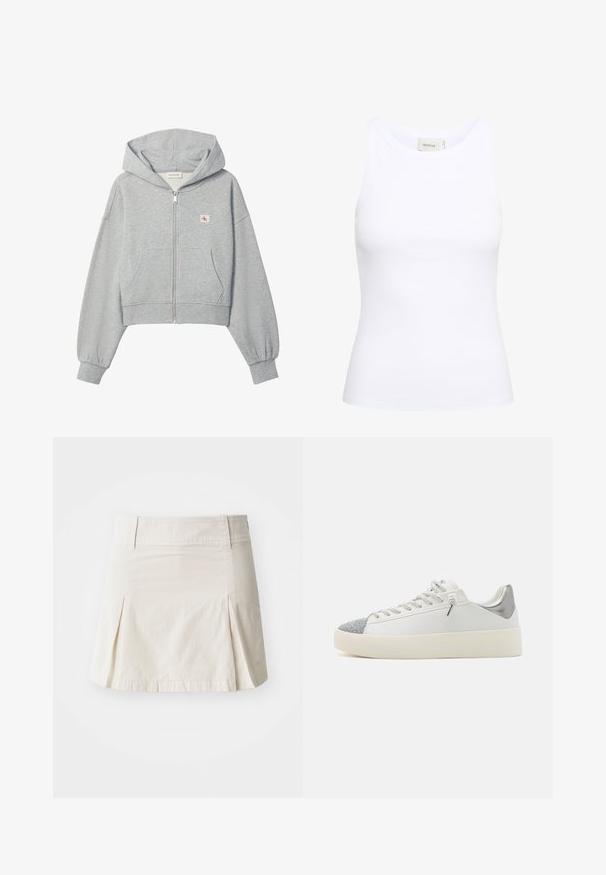 Sudadera corta gris claro con cremallera, bolsillos delanteros, puños elásticos y pequeño logo de Calvin Klein en el pecho izquierdo.; Top sin mangas de canalé blanco con escote redondo. Tejido elástico y diseño ajustado. La etiqueta en la parte posterior dice "GESTUZ."; Falda de algodón beige claro con cintura ajustada, diseño plisado y dobladillo recto, que presenta una textura suave y sin elementos metálicos visibles.; Zapatilla blanca con punta de glitter plateado, acento plateado en el talón, diseño con cordones y suela de plataforma texturizada.