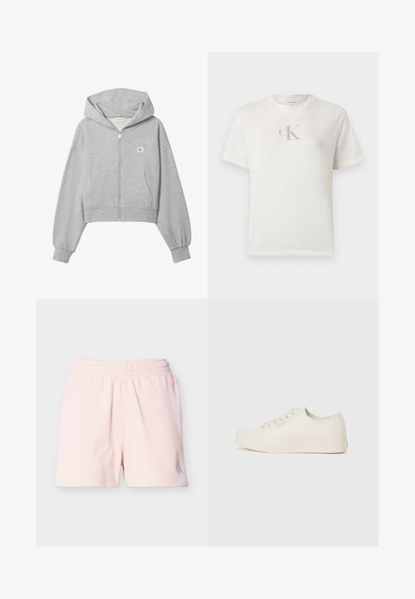 Lichtgrijze cropped hoodie met rits, voorzakken, elastische boorden en een klein Calvin Klein-logo op de linkerborst.; Korte mouw wit katoenen T-shirt met een klein lichtroze "CK" logo op de borst en een klassieke ronde halslijn. Zachte textuur.; Lichtroze shorts met elastische taille en een klein Calvin Klein-logo op het linkeronderbeen tegen een effen achtergrond.; Sneakers van off-white canvas, met een laag ontwerp, ronde neus en platte rubberen zool met subtiele stiksels.