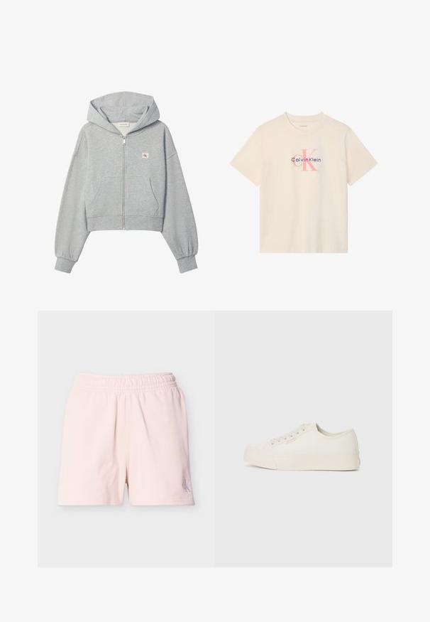 Hellgrauer, kurz geschnittener Hoodie mit Reißverschluss, Vordertaschen, elastischen Bündchen und kleinem Calvin Klein Logo auf der linken Brust.; Beige T-Shirt mit kurzen Ärmeln und einem pinkfarbenen "cK"-Logo sowie dem Schriftzug "Calvin Klein" in Marineblau auf der Brust bedruckt.; Hellrosa elastische Taillenshorts mit kleinem Calvin Klein Logo am unteren linken Bein vor einfarbigem Hintergrund.; Sneaker aus off-weißem Canvas, mit einem Low-Top-Design, runder Zehenpartie und flacher Gummisohle mit dezenten Nähdetails.