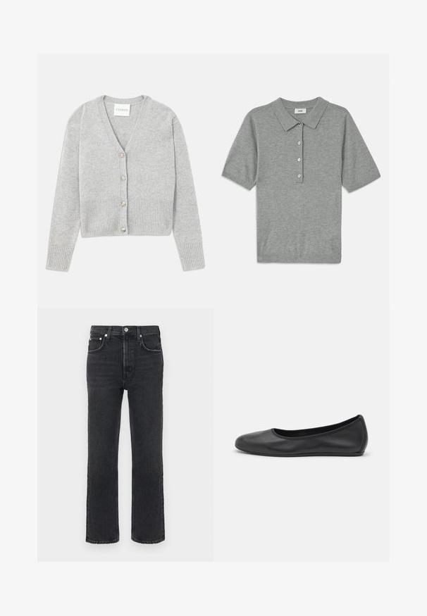 Cárdigan de mezcla de lana gris con escote en V, mangas largas, dobladillo acanalado y cinco botones redondos en la parte delantera. Textura suave, diseño clásico.; Polo gris hecho de un tejido suave y texturizado, con cuello, mangas cortas y una placket de botones con cuatro botones.; Vaqueros de mezclilla gris oscuro con corte de pierna recta, que presentan bolsillos delanteros, cierre con un solo botón y detalles de costuras visibles.; Bailarina de piel negra con punta redondeada, textura suave, detalle de costura minimalista y diseño de suela flexible.