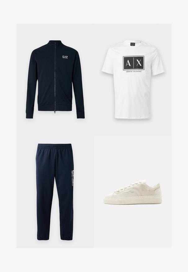 Sweat-shirt zippé bleu marine avec col montant, fabriqué en tissu lisse. Comprend un petit logo EA7 sur la poitrine et des poignets ajustés.; T-shirt blanc à manches courtes avec un logo rectangulaire noir Armani Exchange comportant le texte "A | X" centré sur la poitrine.; Pantalons de survêtement bleu marine avec une taille élastique, des jambes fuselées et un logo blanc sur le côté. Tissu lisse avec une texture légère.; Baskets basses blanches avec fermeture à lacets, tige en tissu texturé et semelle épaisse en caoutchouc, vues de côté extérieur sur un fond uni.