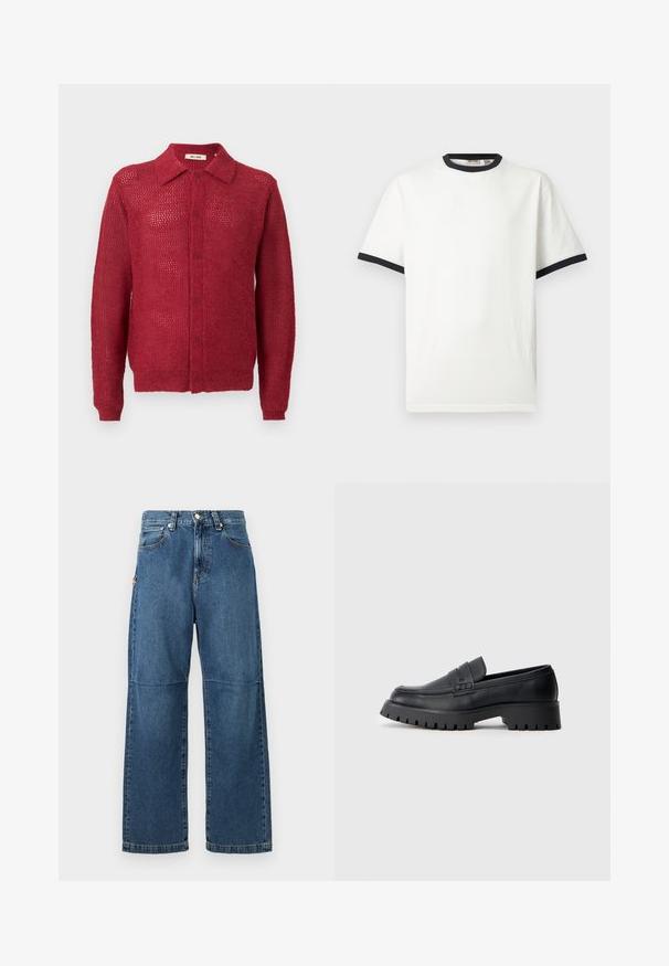 Cardigan rouge en tricot avec un devant à boutons, un col et des poignets côtelés. Présente un motif en tissage ouvert et une coupe décontractée.; T-shirt blanc à manches courtes avec bordure noire au col rond et aux poignets, présenté sur un fond uni gris clair.; Jeans en denim bleu avec une coupe relaxée, des jambes droites, des coutures visibles et une fermeture à bouton à l'avant. Comprend une poche latérale avec un accent.; Mocassins en cuir noir avec un bout arrondi, présentant une sangle décorative et une semelle en caoutchouc épaisse avec de profonds crampons pour une meilleure adhérence.