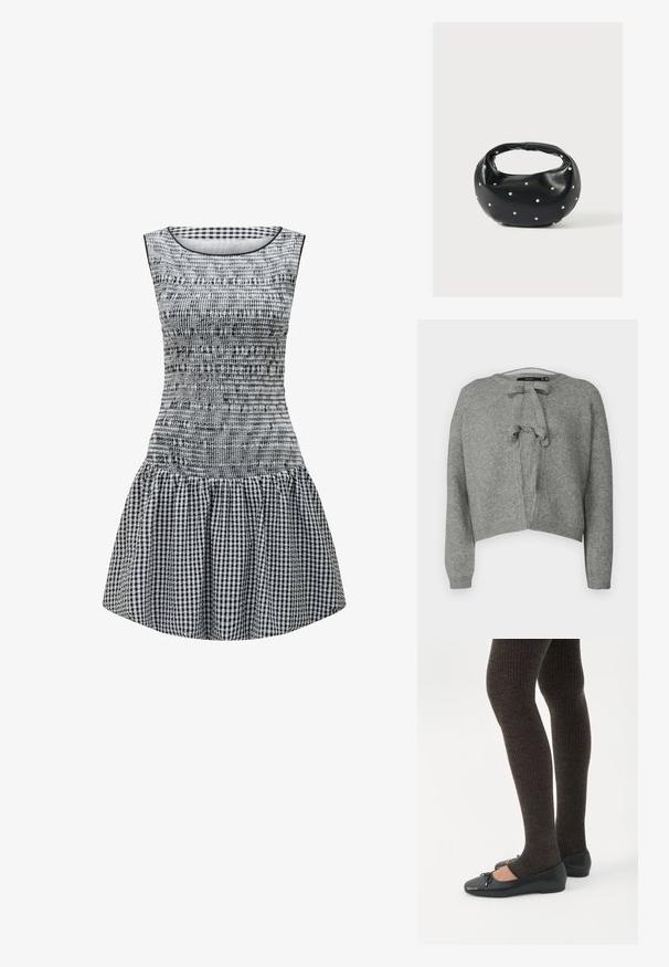 Vero Moda VMBOW Knit - Kardigan - medium grey; Mustriline mustriga mustri ja sobiva taljega must ja valge gingham kleit, smockitud tekstuuriga ja kootud seelikuosaga. Lihtne ümar kaelus ja ilma varrukateta disain.; Jalad seljas tumedad soonelises soonelises kombines mustade baleriinadega, millel on väikesed paelade detailid valgel taustal.; Mustast nahast ümmarguse kujuga käekott, kaunistatud hõbedaste naeladega, lühikese sangaga. Sile tekstuur ja tõmblukuga sulgemine.