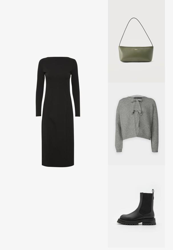 Vero Moda VMBOW Knit - Kardigan - medium grey; Mustmust pikkade varrukatega kleit otse lõikega, ümar kaelaauk ja sile tekstuur, valmistatud ühevärbsest venivast kangast. Pole nähtavaid mustreid ega aktsente.; Mustad musta nahast saapas, millel on sile nahkviimistlus, elastsed külgpaneelid ja paks kummitald. Tagaküljel on silmus. ; Väike ümarõlakott oliivrohelisest nahast, õhukese rihmaga ja kuldse BOSS logo ees keskel.