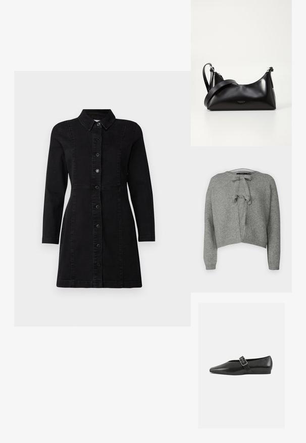 Vero Moda VMBOW Knit - Kardigan - medium grey; Must musta kleit, millel on kraega kaelus, pikad varrukad ja esipaneelis nupud. Omab sobivat disaini kahe vertikaalse õmblusega ja kergelt laienevat hems.; Must mustril leedjalats, millel on terav varvas, metallist pandla rihm üle jala ja madal, paindlik tall.; Mustmust nahkaga kott sileda tekstuuriga. Omab reguleeritavat rihma ja sujuvat, minimalistlikku disaini, millel on lukuga sulgemine.