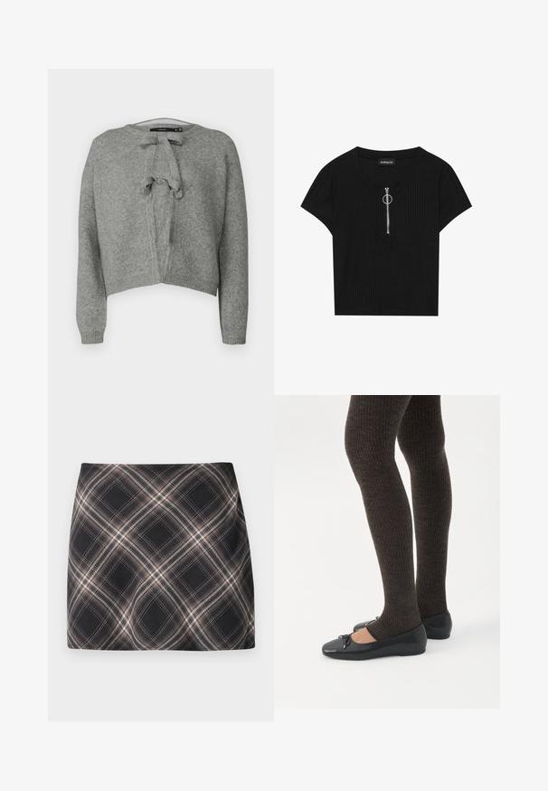 Vero Moda VMBOW Knit - Kardigan - medium grey; Must beežiline lühihelbedega topp, millel on ümar kaelus ja ees pikk tõmblukk metallringiga, valmistatud tekstuurse materjali kasutamisega.; Mustard ja beež ruuduline mini seelik diagonaalse ruudustiku mustriga, sobiv vöökoht ja sile kangastekstuur.; Jalad seljas tumedad soonelises soonelises kombines mustade baleriinadega, millel on väikesed paelade detailid valgel taustal.