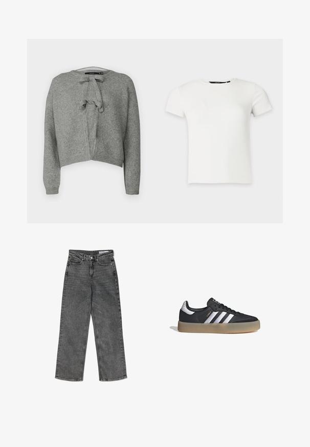 Vero Moda VMBOW LS O-NECK TIE CARDIGAN GA - Chaqueta de punto - medium grey; Camiseta blanca de punto acanalado con mangas cortas y cuello redondo, presentada sobre un fondo liso gris claro.; Jeans rectos de tiro alto, de color negro desgastado, con bolsillos frontales, trabillas para cinturón, cierre de botón y una etiqueta de marca en la parte interna de la cintura.; Zapatilla deportiva de cuero negro con tres rayas plateadas, punta texturizada y suela de goma. Cuenta con un collar acolchado y un diseño con cordones.