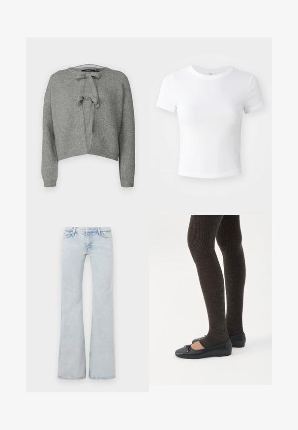 Vero Moda VMBOW LS O-NECK TIE CARDIGAN GA - Chaqueta de punto - medium grey; Camiseta corta de manga corta blanca, con cuello redondo, exhibida sobre un fondo neutral claro.; Jeans acampanados de color azul claro, fabricados en mezclilla. Cuentan con una cintura con botón de metal, diseño de cinco bolsillos y un ligero desvanecimiento en toda la prenda.; Piernas con leggings oscuros acanalados combinados con bailarinas negras que presentan pequeños detalles de lazo sobre un fondo blanco.