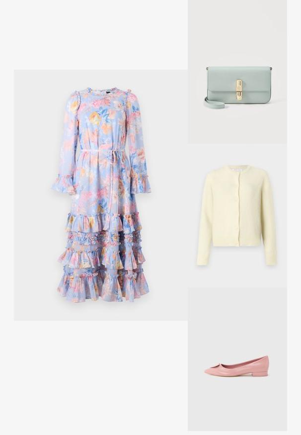 Lys gul cardigan lavet af blødt, tekstureret stof. Har rund halsudskæring, lange ærmer og seks-knaps frontlukning.; Blomstretdrag i lyseblå med lange ærmer, rynkede ærmer og tiered frills. Har en taljebånd og et livligt blomsterdesign i pastelfarver.; Lyserød laklæderballerina med spids tå, der har en lille sløjfedetalje på vampen og en lav, firkantet hæl.; Lyseblå læder clutch med guldfarvet rektangulært spænde og aftagelig håndledsrem på hvid baggrund.