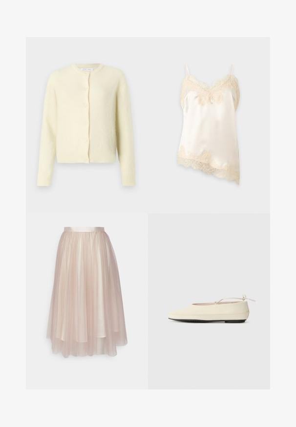 Lys gul cardigan lavet af blødt, tekstureret stof. Har rund halsudskæring, lange ærmer og seks-knaps frontlukning.; Fløjlsfarvet satin camisole med delikat blonderkant langs halsudskæring, kant og tynde skulderstropper på en ensfarvet baggrund.; Ida Sjöstedt FLAWLESS SKIRT - A-snit nederdel - warm beige; Cremefarvede flade sko med rund tå, ankelrem og kontrasterende sort gummisål. Glat materiale med minimal detaljer.