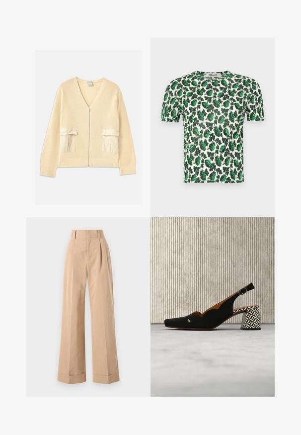 Cremefarvet strikket cardigan med V-hals, frontlynlås og to påsatte lommer. Har ribbede manchetter og kant, med glatte stofdetaljer.; Grøn blomsterkorte ærmer top med store bladvævninger på en hvid baggrund, lavet af et let, strækbart materiale.; Beige bukser med vid ben og høj talje, der har læg og en glat tekstur. Cuffene er foldet, hvilket tilføjer en struktureret detalje.; Sort slingbacksko med trekantede udskæringer, overdel i tekstureret stof og en mønstret mellemhæl i sort og hvidt geometrisk design.