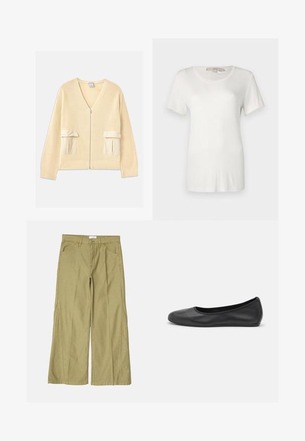 Cárdigan de punto crema con cuello en V, cierre frontal y dos bolsillos tipo parche. Presenta puños y dobladillo acanalados, con acentos de tela suave.; Camiseta blanca de manga corta hecha de algodón suave y elástico. Presenta un escote redondo y una textura lisa y uniforme sin patrones visibles.; Pantalones de pierna ancha en algodón verde oliva claro, con cremallera en la parte delantera, bolsillos frontales y detalles cosidos a lo largo de las costuras.; Bailarina de piel negra con punta redondeada, textura suave, detalle de costura minimalista y diseño de suela flexible.