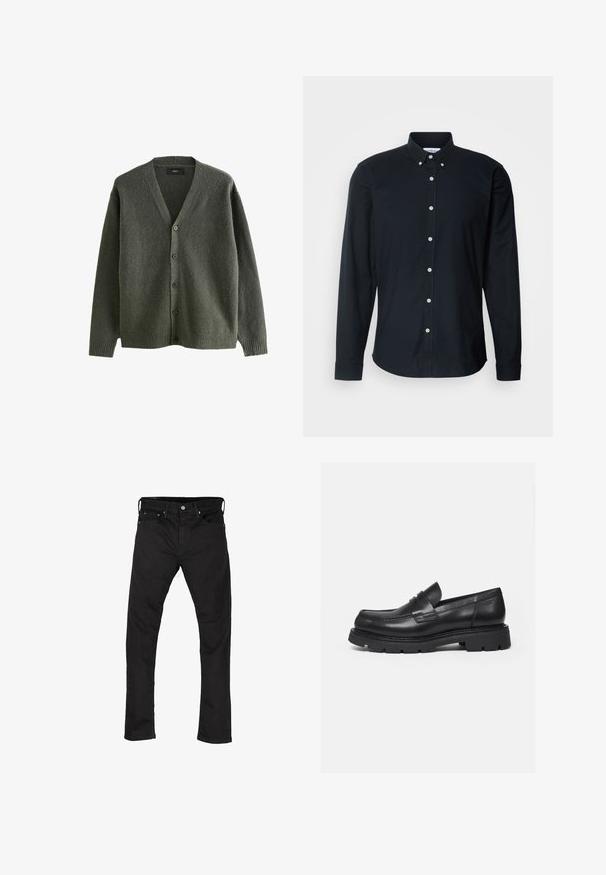 Cardigan vert olive en tissu texturé, avec un col en V, des manches longues et six boutons à l'avant.; Chemise noire à manches longues en coton, avec un col pointu, des boutons blancs et un ourlet droit avec des poignets boutonnés.; Jean en denim noir avec une coupe droite, style cinq poches et fermeture par bouton en métal. Texture lisse et couleur uniforme.; Mocassin en cuir noir avec semelle épaisse crantée et détail de bride penny, présenté en profil droit sur fond blanc.