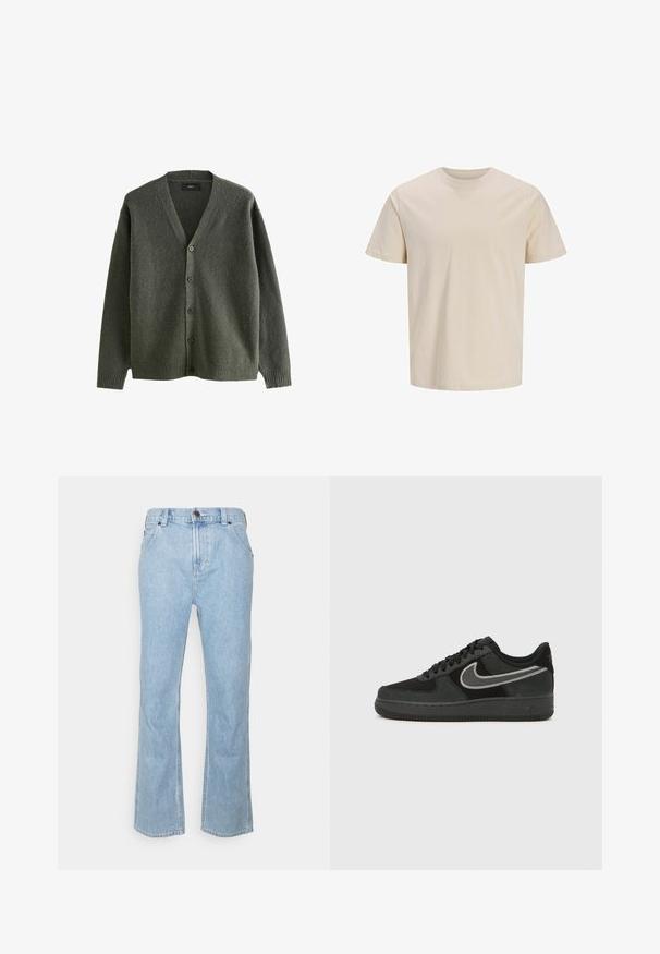 Olivengrøn cardigan lavet af struktureret stof, med V-hals, lange ærmer og seks knaplukninger foran.; Beige kortærmet rundhals bomulds-T-shirt med lige kant, vist på en ensfarvet hvid baggrund.; Lyseblå denimdage med lige ben, fem lommer, og knaplukning i taljen. Har syede detaljer.; Nike Air Force 1 sneaker i sort ruskind og læder med en sølvfarvet swoosh, rund tå, snørebånd og tekstureret gummiydersål.
