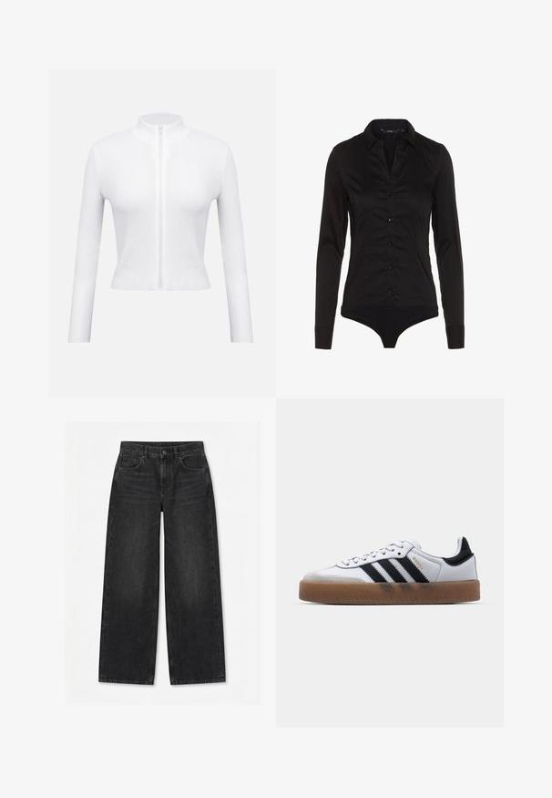 Biely rebrovaný top na zips s dlhými rukávmi a vysokým golierom. Má centrálny zips a priliehavý strih, ktorý vyzdvihuje textúrovaný materiál.; Čierny bodysuit s dlhým rukávom a golierom, s predným zapínaním na gombíky a priliehavým strihom. Vyrobený z hladkej tkaniny s lesklým povrchom.; Čierne široké rifle s predným zapínaním na gombík a zips, pútkami na opasok a dizajnom s piatimi vreckami na bielom pozadí.; Biele kožené tenisky s čiernymi pruhmi, gumová podrážka, okrúhla špička, šnurovanie a mäkký sivý semišový špička.
