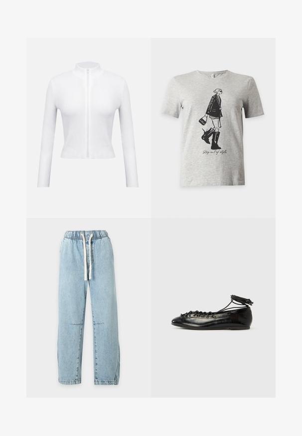 Witte geribbelde top met ritssluiting, lange mouwen en een hoge kraag. Heeft een centrale ritssluiting en een aansluitend ontwerp, met een getextureerd materiaal.; Lichtgrijs T-shirt met korte mouwen met een zwarte illustratie van een vrouw in laarzen en een jas die een handtas vasthoudt en de tekst "Step out of style."; Lichtblauwe spijkerbroek met elastische tailleband en witte trekkoord, rechte pijpen en subtiele naaddetails bij de knieën.; Zwarte ballerina's van lakleer met een afgeronde neus, veterdesign en een platte zool. Glad oppervlak met minimale details.