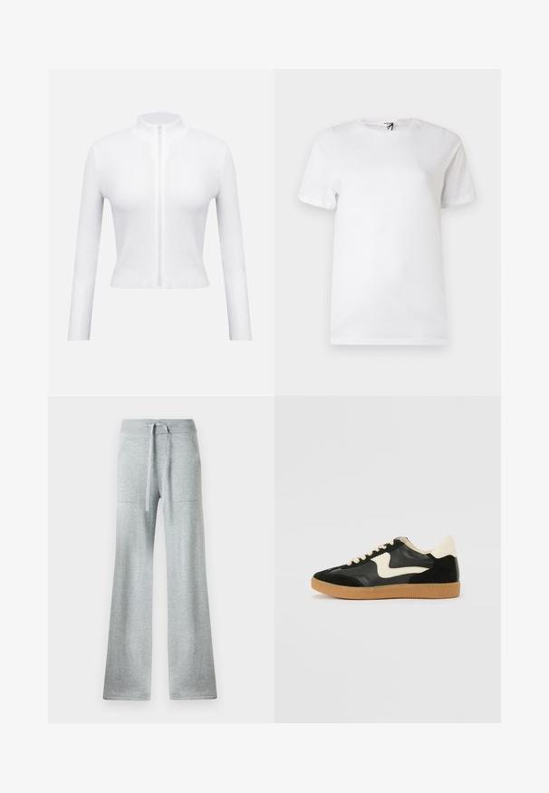 Biely rebrovaný top na zips s dlhými rukávmi a vysokým golierom. Má centrálny zips a priliehavý strih, ktorý vyzdvihuje textúrovaný materiál.; Jednoduché biele bavlnené tričko s krátkym rukávom, okrúhlym výstrihom a malým nenápadným logom pri hrudi a štítkom na golieri.; Šedé rozšírené tepláky s ribbed pásom a sťahovacou šnúrkou, majúce bočné vrecká a mäkkú, textúrovanú látku.; Čierne semišové a kožené tenisky s krémovým bočným prešívaním a svetlo krémovou pätou. Obsahujú béžové šnúrky a podošvu z gumeného kaučuku.