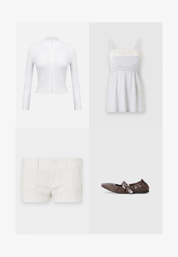 Valkoinen ribbikuvioitu vetoketjullinen pusero, jossa pitkät hihat ja korkea kaulus. Keskellä vetoketju ja vartalonmyötäinen leikkaus, joka korostaa teksturoitua materiaalia.; Vaaleanharmaa hihaton mekko, jossa pitsireunainen pääntie, säädettävät ohuet olkaimet ja tyköistuva laskostettu vyötärönauha.; Valkoiset puuvillahousut, joissa nappi- ja vetoketjusuljenta, vyölenkit ja etutaskut, esitetty yksivärisellä valkoisella taustalla.; Ruskeata kiiltonahkaa oleva tasapohjainen kenkä, jossa on terävä kärki, joustava rusettiyksityiskohta ja hopea solki sivulla. Musta kumipohja.