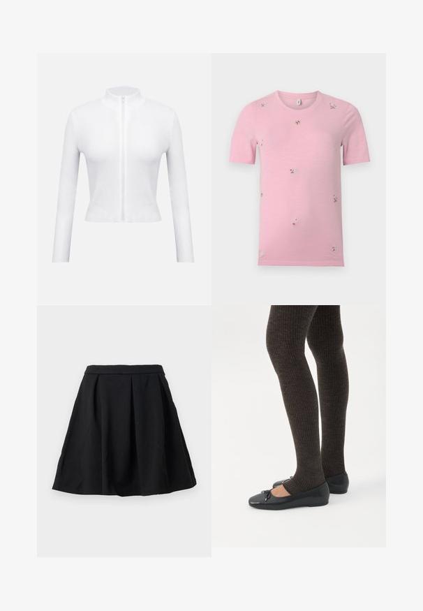 Biely rebrovaný top na zips s dlhými rukávmi a vysokým golierom. Má centrálny zips a priliehavý strih, ktorý vyzdvihuje textúrovaný materiál.; Ružové tričko s krátkym rukávom s malými, rozptýlenými vyšívanými kvetinovými vzormi v rôznych farbách, okrúhly výstrih, jednoliate pozadie.; Čierna sukňa s plisovaním, vyrobená z textúrovaného materiálu. A-liniový strih, sedí na páse, žiadne viditeľné kovanie ani ďalšie detaily.; Nohy v tmavých pásikavých legínach v kombinácii s čiernymi balerínkami s malými mašličkami na bielom pozadí.
