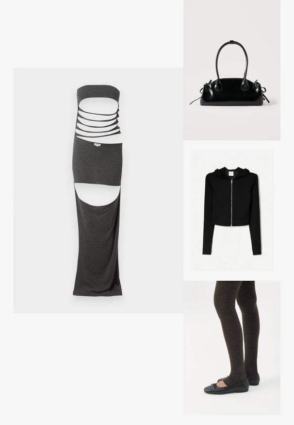 Zwarte cropped hoodie gemaakt van zachte stof, heeft een volledige ritssluiting aan de voorkant, lange mouwen en een capuchon met trekkoord. Simpel, minimalistisch ontwerp.; Maxi-jurk met uitsnijdingen in donkergrijze stof, met een strapless ontwerp, meerdere horizontale uitsnijdingen en zijsplitten. Soepele textuur.; Benen met donkere geribbelde leggings gecombineerd met zwarte ballerina's met kleine strikdetails op een witte achtergrond.; Kleine zwarte glanzende handtas met twee lange hengsels en zijkant trekkoord details op een effen lichte achtergrond.