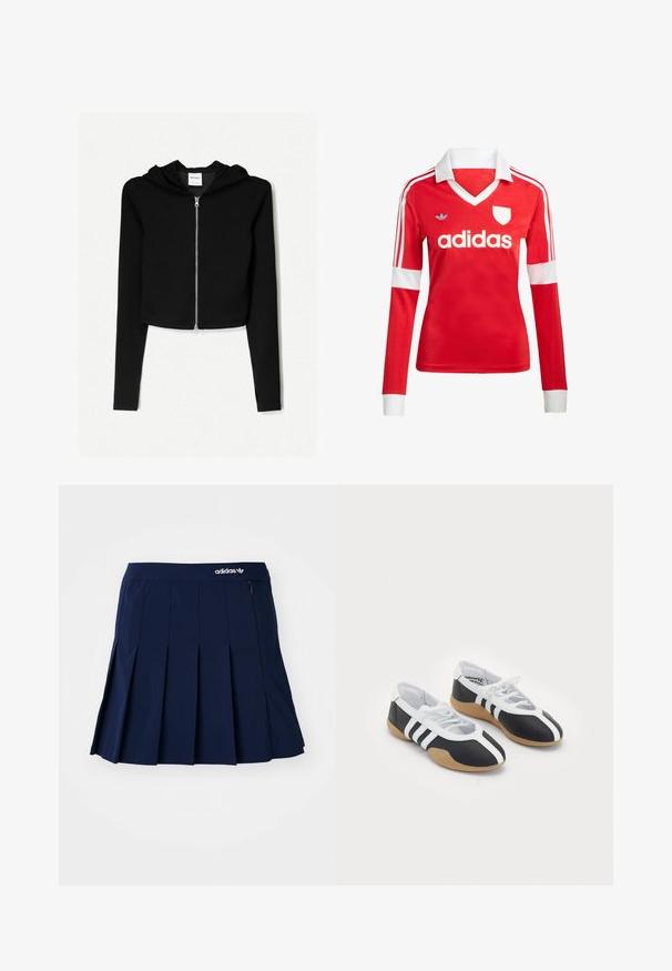 Čierny skrátený hoodie vyrobený z jemnej tkaniny, má kompletný predný zips, dlhé rukávy a kapucňu so šnúrkou. Jednoduchý, minimalistický dizajn.; Červený futbalový dres s dlhým rukávom a bielym golierom a manžetami. Na ramenách sú tri biele pruhy a výrazne zobrazené logo "adidas".; Námornícky skládací sukňa vyrobená z ľahkého materiálu; má elastický pás a malú zipsovú kapsu, s bielym logom Adidas vpredu.; Čierne a biele športové topánky s elegantným dizajnom, gumovou podrážkou, šnurovaním a tromi bielymi prúžkami na bokoch.