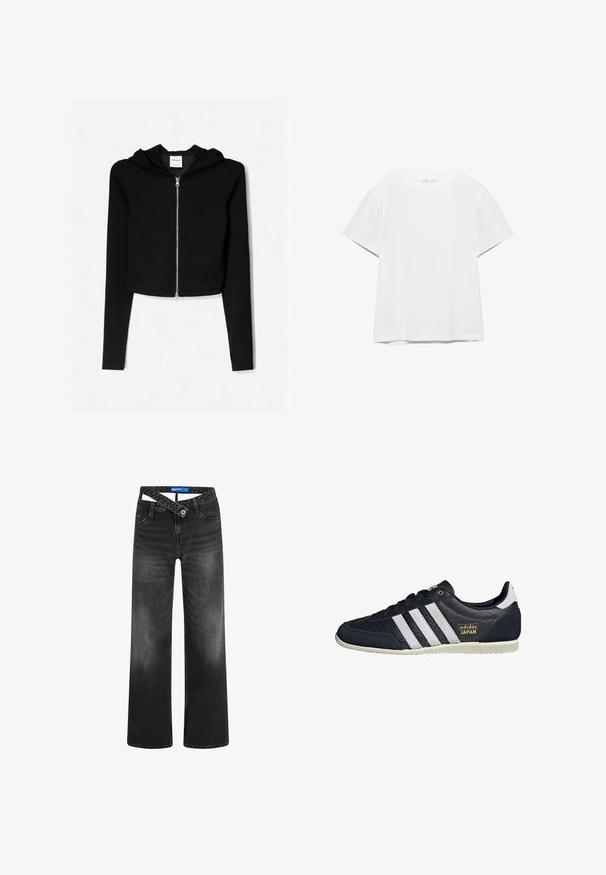 Zwarte cropped hoodie gemaakt van zachte stof, heeft een volledige ritssluiting aan de voorkant, lange mouwen en een capuchon met trekkoord. Simpel, minimalistisch ontwerp.; Effen wit T-shirt met korte mouwen en ronde hals, met een rechte zoom, gepresenteerd tegen een witte achtergrond.; Zwarte wijde spijkerbroek met een vervaagd uiterlijk, met een unieke crossover-beltontwerp, vijf zakken en een standaard knoopsluiting.; Zwarte leren sneakers met drie witte strepen, een gestructureerde afwerking, een gouden 'adidas JAPAN' logo en een rubberen zool met grippatroon.