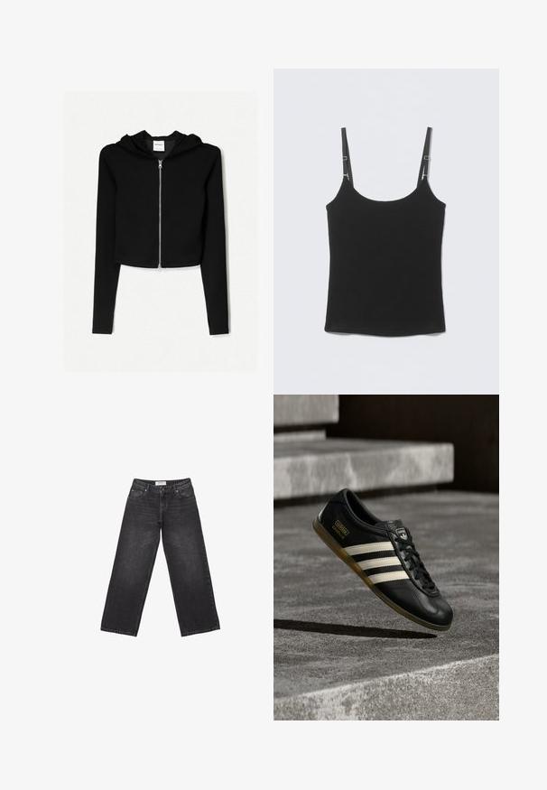 Čierny skrátený hoodie vyrobený z jemnej tkaniny, má kompletný predný zips, dlhé rukávy a kapucňu so šnúrkou. Jednoduchý, minimalistický dizajn.; Čierny rebrovaný tank top s nastaviteľnými tenkými ramienkami a výstrihom do lodičky, položený na svetlosivom povrchu.; Čierne denimové nohavice so širokými nohavicami, tmavým praním, päť vreckami a štítkom na páse. Hladká textúra s jemným vyblednutím.; Čierna kožená teniska s bielym dizajnom troch pruhov, textúrovanými detailmi, čiernymi šnúrkami a gumovou podrážkou. Logo značky viditeľné na jazyku.