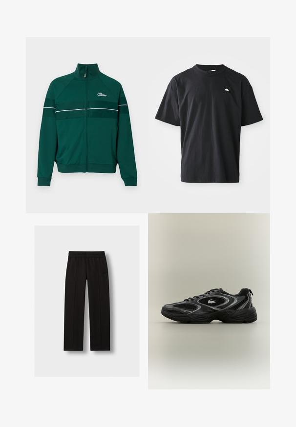 Veste de survêtement zippée verte avec des rayures blanches, fabriquée en tissu lisse. Dotée d'un col montant et d'un logo brodé sur la poitrine.; T-shirt noir en coton avec une coupe décontractée, manches courtes, col rond, et un petit logo blanc sur la poitrine. Texture lisse.; Pantalon noir droit avec taille élastique et plis subtilement cousus, présenté sur un fond clair uni.; Baskets de sport noires et grises avec des panneaux en mesh, un design à lacets, une semelle épaisse et un petit logo de crocodile sur le côté.