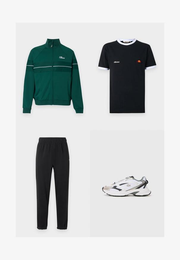 Veste de survêtement zippée verte avec des rayures blanches, fabriquée en tissu lisse. Dotée d'un col montant et d'un logo brodé sur la poitrine.; T-shirt noir à manches courtes avec bordure blanche sur le col et les manches, arborant un petit patch logo "ellesse" et un emblème demi-cercle orange et rouge.; Pantalon de jogging à taille élastique noire avec poignets élastiques, coupe droite, sans ornements visibles, présenté sur un fond clair.; Chaussure de sport blanche avec des accents argent et noir, tige en mesh, semelle texturée et un design épuré avec un logo sur le côté.