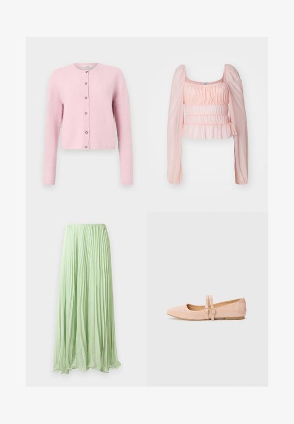 JDY JDYCHLOE L/S CARDIGAN KNT NOOS - Ζακέτα - sweet lilac; Ροζ μπλούζα με gathered σχέδιο, μακριά διαφανή μανίκια, τετράγωνη λαιμόκοψη και peplum στρίφωμα. Διαθέτει υφασμάτινη ελαστική ζώνη και απαλό ύφασμα.; Ανοιχτό πράσινη πλισέ μακριά φούστα με ρέον υλικό και ελαστική ζωνη, παρουσιασμένη σε λευκό φόντο.; Ανοιχτό ροζ παπούτσια μπαλέτου από πατενταρισμένο δέρμα με μυτερή μύτη, διαθέτουν δύο ρυθμιζόμενες λουρίδες και χαμηλή, επίπεδη ελαστική σόλα.