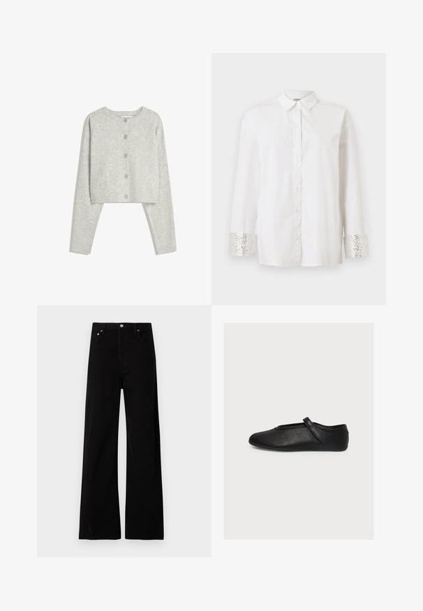 Lichtgrijze geknipte cardigan met lange mouwen, ronde halslijn en vijf voorknopen op een witte achtergrond.; Wit button-up shirt met lange mouwen. Mouwen versierd met zilveren pailletten. Heeft een standaardkraag en een rechte snit.; Zwarte jeans met wijde pijpen van katoen, voorzien van een hoge taille, vijfzakkenontwerp en zilveren knoopsluiting. Gladde textuur met minimale details.; Zwarte leren Mary Jane platte schoen met riem en kleine geperforeerde details aan de zijkant, gezien vanaf de buitenkant op een witte achtergrond.