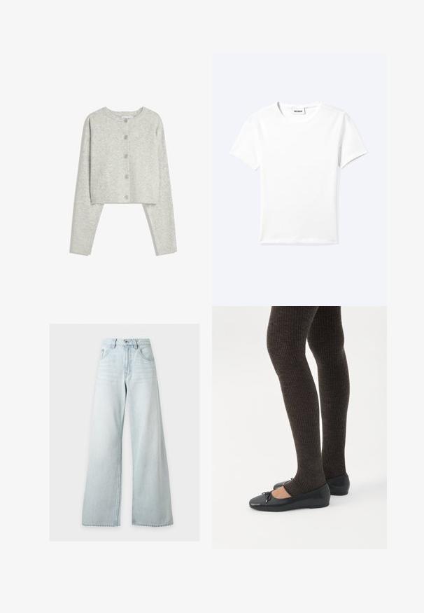 Gilet court gris clair avec des manches longues, un col rond et cinq boutons sur le devant, sur un fond blanc.; T-shirt blanc uni à manches courtes et col rond avec une petite étiquette "WEEKDAY" à l'intérieur de l'encolure, présenté à plat sur un fond clair.; Jean bleu clair taille haute à jambes larges avec bouton et fermeture éclair devant, poches avant et passants de ceinture sur fond blanc.; Jambes portant des leggings côtelés foncés associés à des ballerines noires avec de petits détails en nœud sur fond blanc.