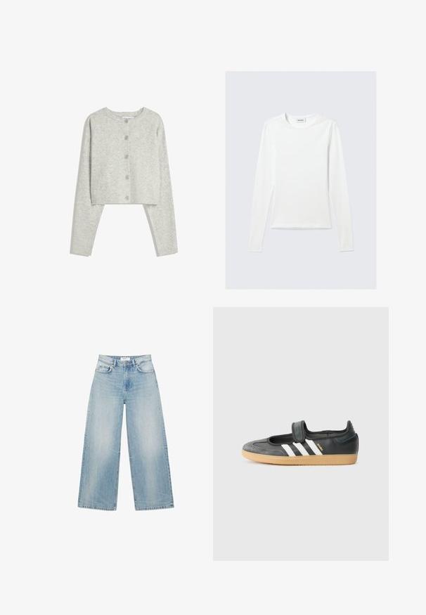 Gilet court gris clair avec des manches longues, un col rond et cinq boutons sur le devant, sur un fond blanc.; T-shirt blanc uni à manches longues avec col rond et coupe slim, présenté sur un fond gris clair.; Jean en denim bleu clair à coupe large, taille haute, fermeture à bouton et fermeture éclair à l'avant, avec un design à cinq poches.; Sneaker en cuir noir et suède avec une sangle Velcro, arborant trois bandes blanches et une semelle en caoutchouc, étiqueté "SAMBA" sur le côté.