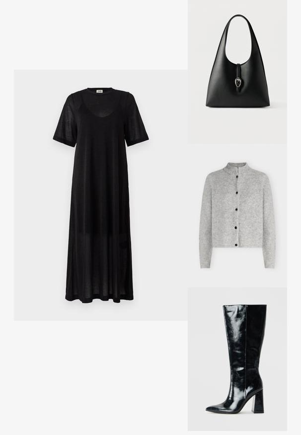 Cardigan tricoté gris clair à manches longues avec cinq boutons noirs sur le devant, avec un col montant court.; Robe noire midi en matériau léger et transparent. Elle présente un col rond, des manches courtes et une coupe ample et décontractée.; Bottes noires montantes en cuir brillant, avec une pointe effilée et un talon géométrique épais au toucher lisse.; Sac à main en cuir noir avec une anse unique et une fermeture à boucle argentée sur un fond blanc.