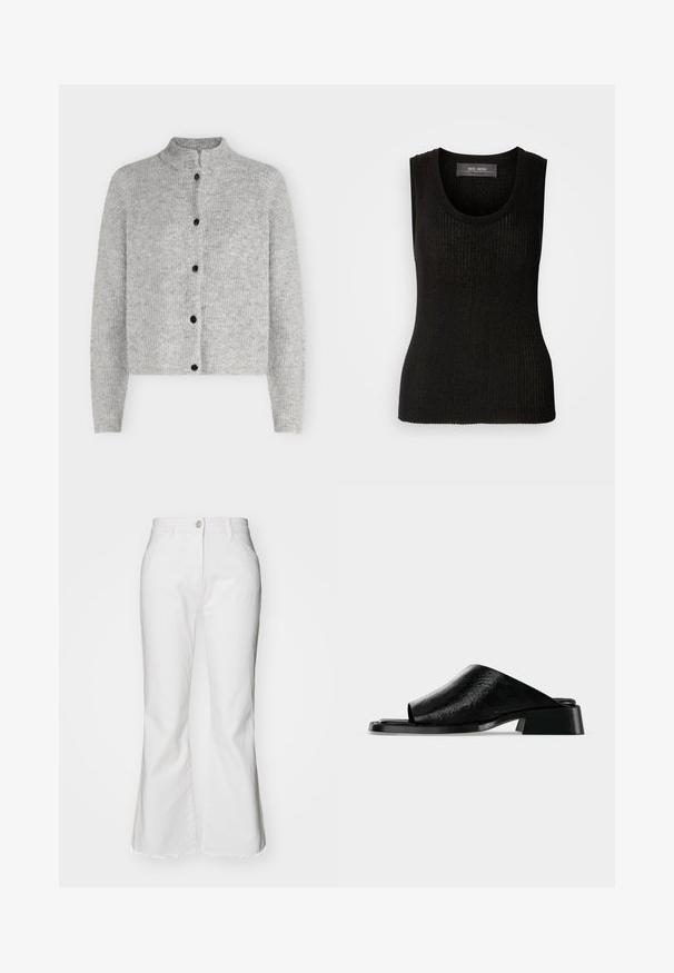 Cardigan tricoté gris clair à manches longues avec cinq boutons noirs sur le devant, avec un col montant court.; Mos Mosh RELENA IMANJA TANK - Débardeur - black; Jean flare blanc en denim avec un ourlet brut. Doté d'une fermeture à bouton et de poches avant. Design classique avec une coupe moderne.; Sandale noire en cuir à bout ouvert, avec un talon bloc bas et une tige à texture lisse, présentée sur un fond uni gris clair.
