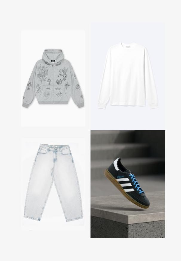 Sudadera con capucha gris con cremallera, con gráficos impresos en negro que incluyen un castillo, un ángel y varios símbolos. Tela suave con un ajuste cómodo y relajado.; Camisa blanca lisa de manga larga con cuello redondo y puños acanalados, mostrada sobre un fondo claro y neutro.; Vaqueros de mezclilla lavada clara con cintura alta, piernas anchas y rectas, cierre de botones y cremallera, y bolsillos delanteros y traseros.; Zapatilla negra Adidas con franjas blancas, cordones azules y suela de goma flotando sobre un escalón de hormigón gris con luz suave.
