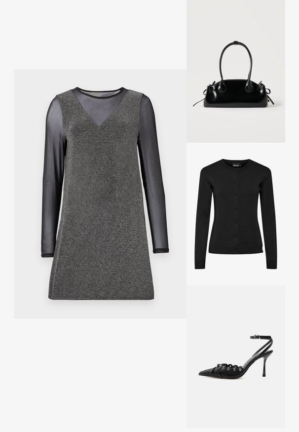 Cardigan noir à manches longues en maille, doté d'un col rond, d'une fermeture à boutons et de bords côtelés aux poignets et à l'ourlet. Aucun motif ni accent.; Robe noire à manches longues avec un corsage ajusté scintillant argenté et des manches noires transparentes, dotée d'un décolleté en V et d'un ourlet droit.; Chaussure à talon haut noire à bout pointu, bords festonnés, œillets métalliques, lacets à l'avant et bride de cheville avec fermeture à boucle.; Petit sac à main noir brillant avec deux longues anses et des détails à cordon sur les côtés sur un fond clair uni.